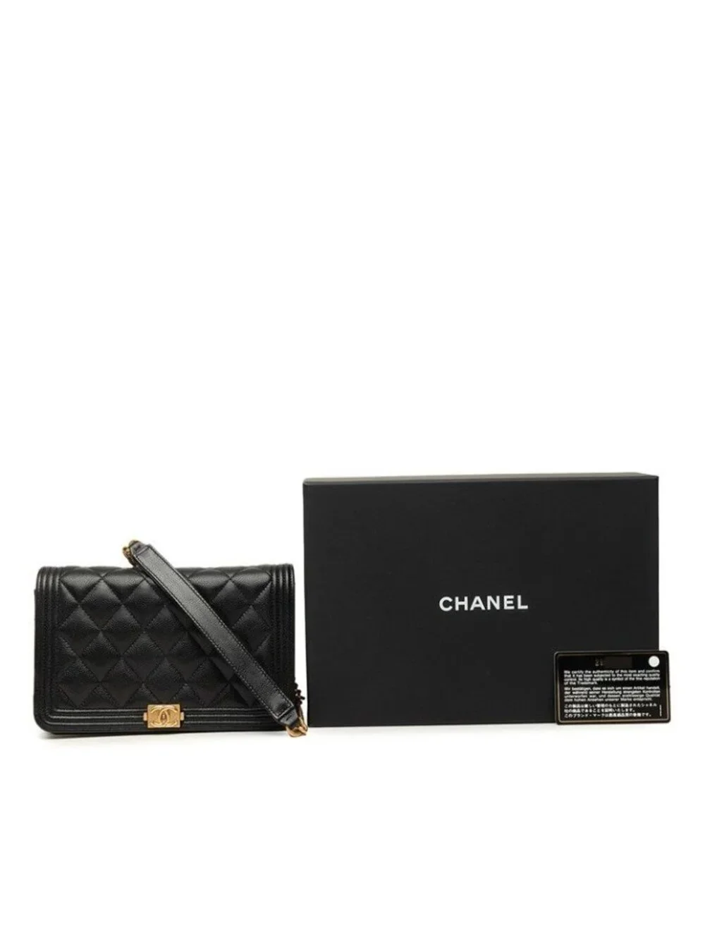 Chanel CC Logo Boy Chain Wallet Shoulder Bag Black Gold Caviar Leather